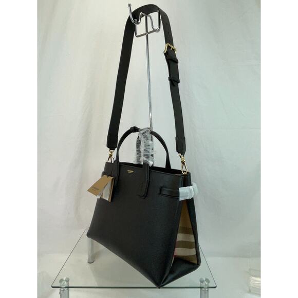 $1790 BURBERRY BANNER BLACK LEATHER HOUSE CHECK CANVAS SHOULDER MEDIUM TOTE BAG - Picture 3 of 16